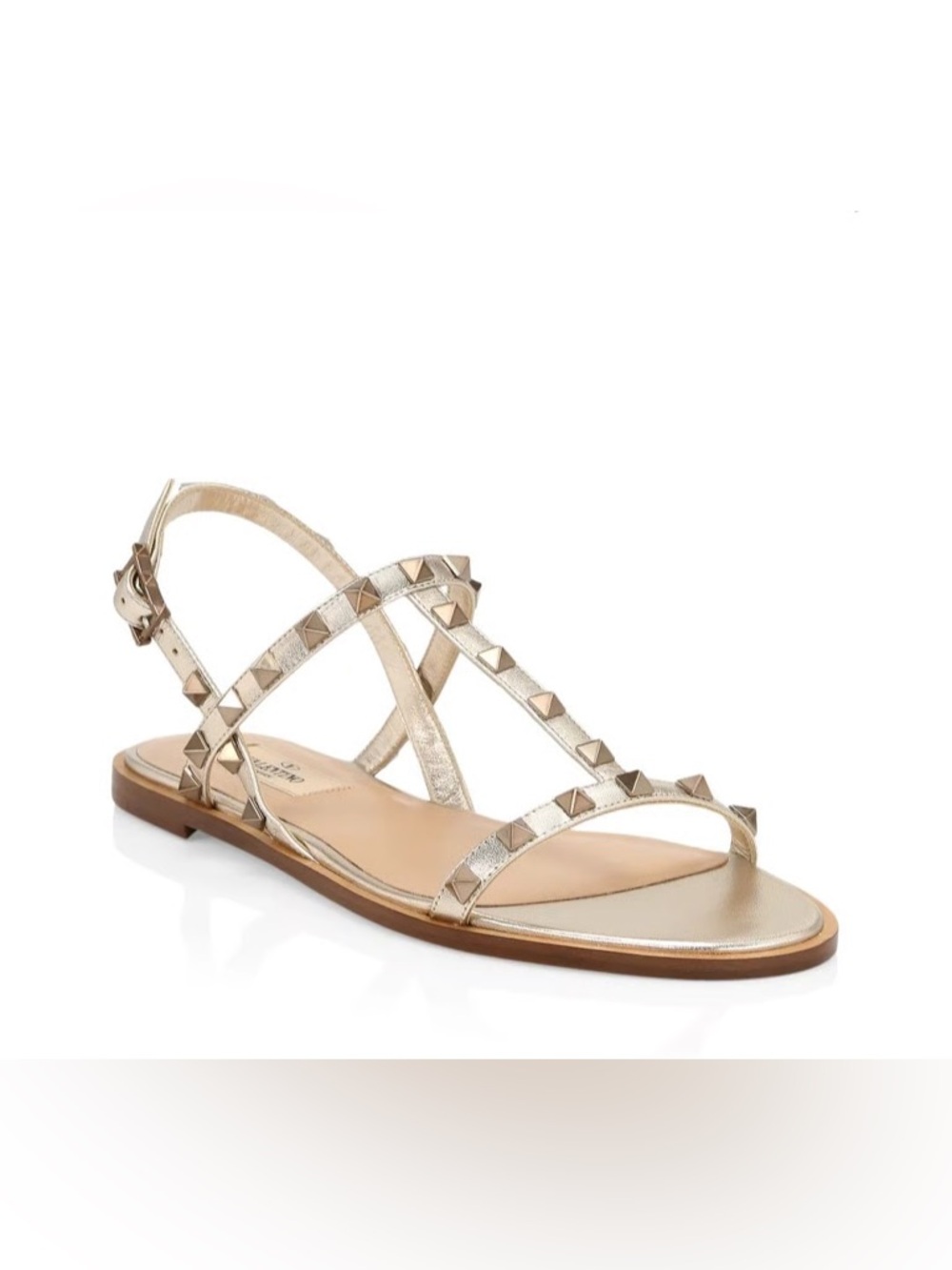 Valentino Garavani Rockstud metallic leather ankle-strap flat sandals Sz 39.5